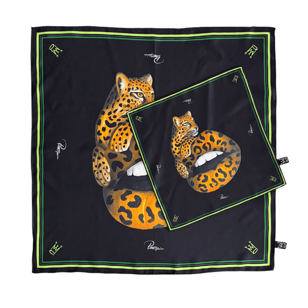 Seidenschal 65x65 cm & Einstecktuch Set aus 100% Maulbeerseide - Leo Print / PickARTSfashion